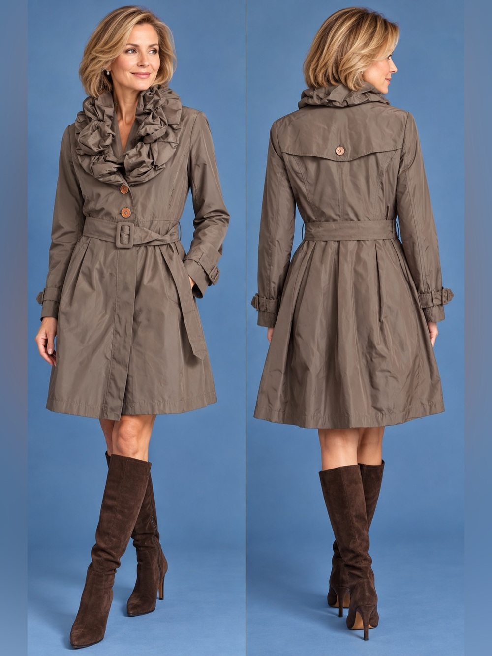 Ruffled Collar Trench Coat - Taupe